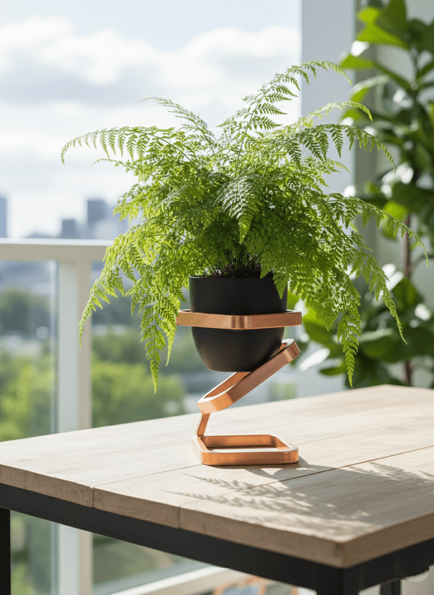 Miedziany stojak na rośliny Befrost na parapecie z doniczką – 17cm podnosząca roślinę dla lepszego dostępu do światła.