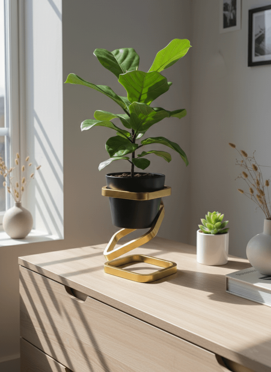 Złoty metalowy stojak na rośliny Befrost stojący na komodzie z doniczką – designerski stojak 17 cm podnoszący rośline