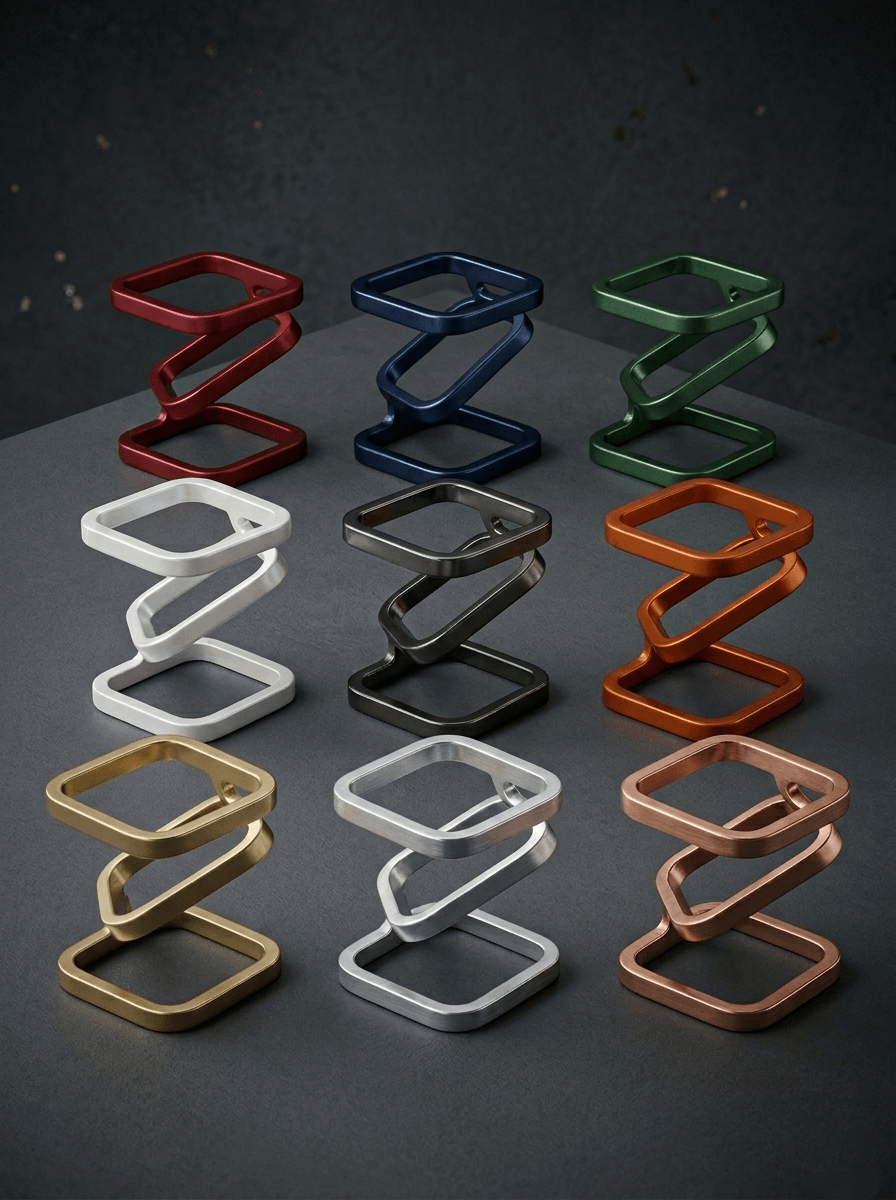 Metalowe stojaki na rośliny Befrost w dziewięciu różnych kolorach ustawione obok siebie na parapecie – designerskie stojaki