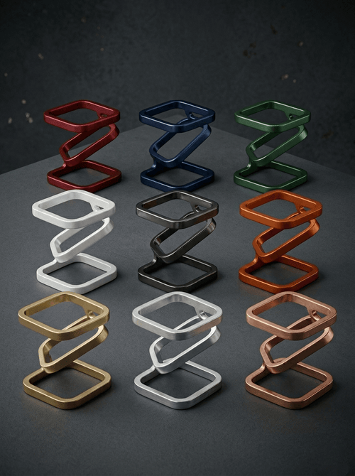 Metalowe stojaki na rośliny Befrost w dziewięciu różnych kolorach ustawione obok siebie na parapecie – designerskie stojaki