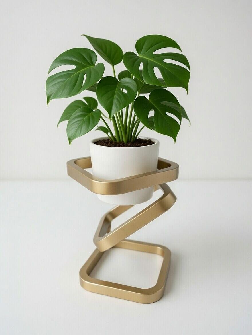 Złoty stojak na rośliny o geometrycznej sylwetce unoszący roślinę na 17cm eksponując piękna zieleń