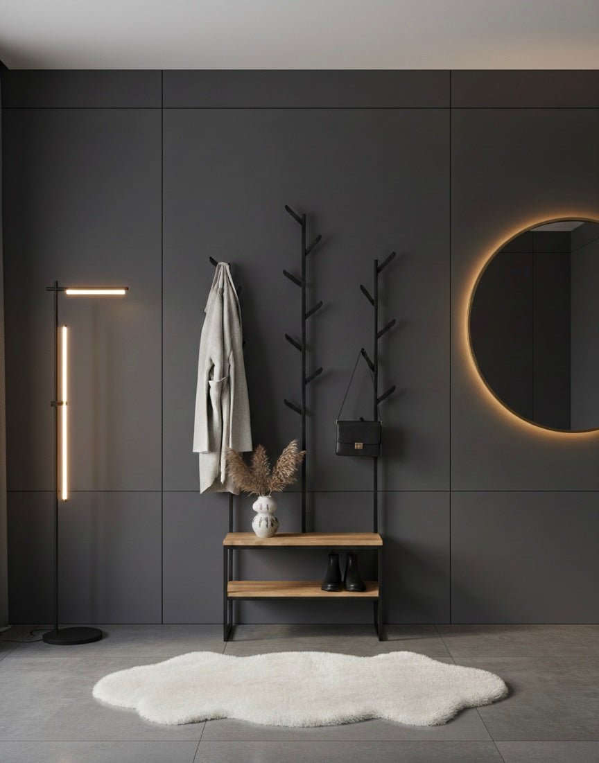 Kurtka wisi na wieszaku co dopełnia wygląd temu przedpokojów. Idealny do hoteli gdzie chce się wywrzeć efekt premium