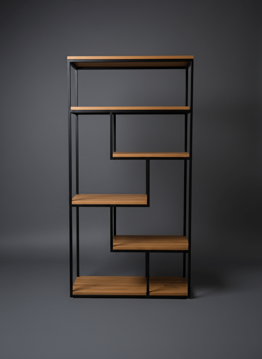 Loftowy regał - Czarny Dąb - Largodes - drewno, stal, kamień i światlo w harmonii designu
