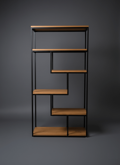 Wysoki regał marki Largodes, kolor czarny dąb. Eleganckie półki na książki w stylu loftowym.