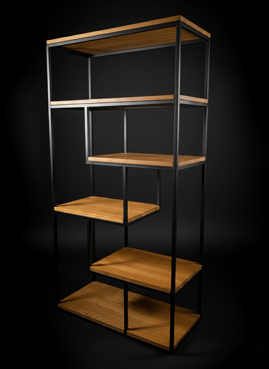 Loftowy regał - Czarny Dąb - Largodes - drewno, stal, kamień i światlo w harmonii designu