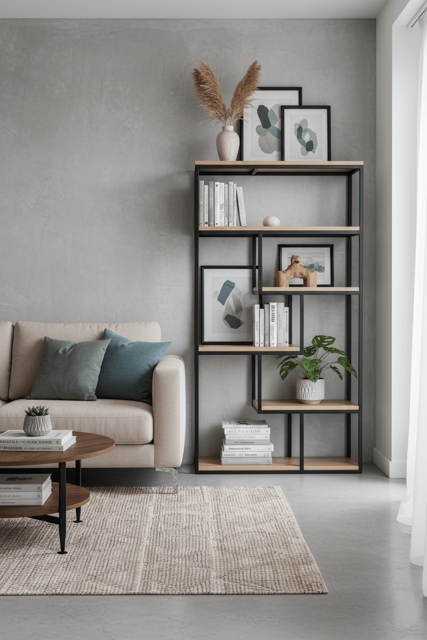 Loftowy regał - Czarny Dąb - Largodes - drewno, stal, kamień i światlo w harmonii designu